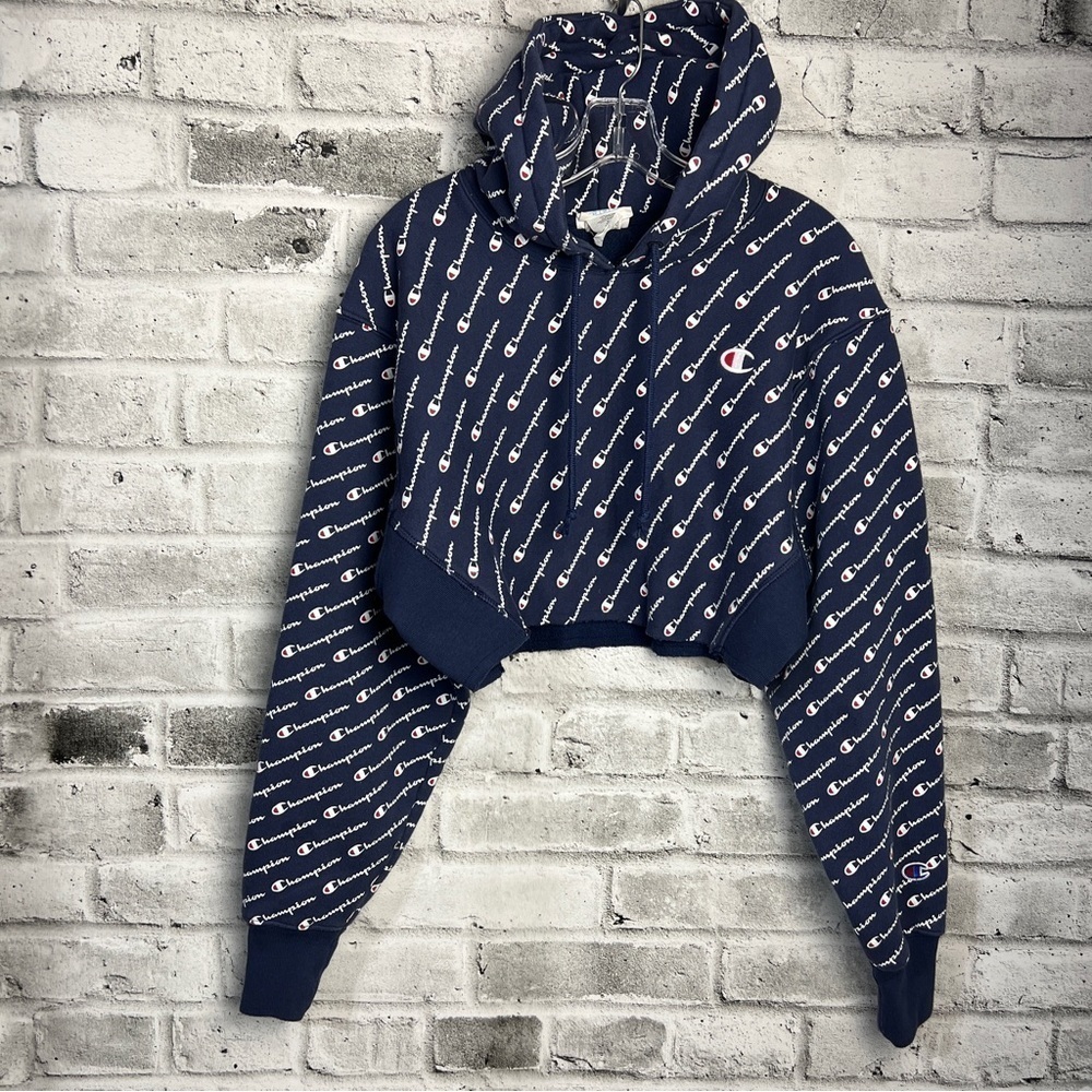 Champion Reverse Weave All Over Print Logo Cropped Hoodie Size Small - Picture 4 of 12